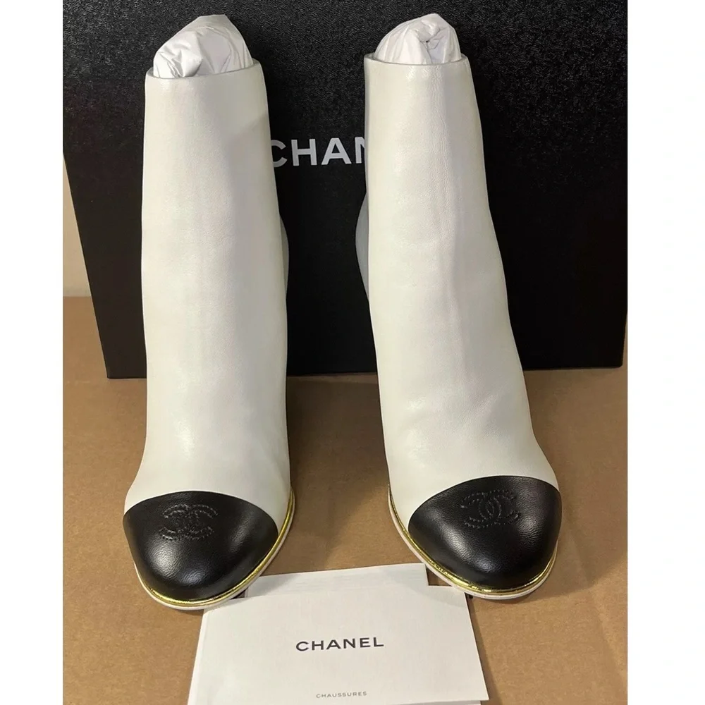 NWT CHANEL white black and gold wedge booties